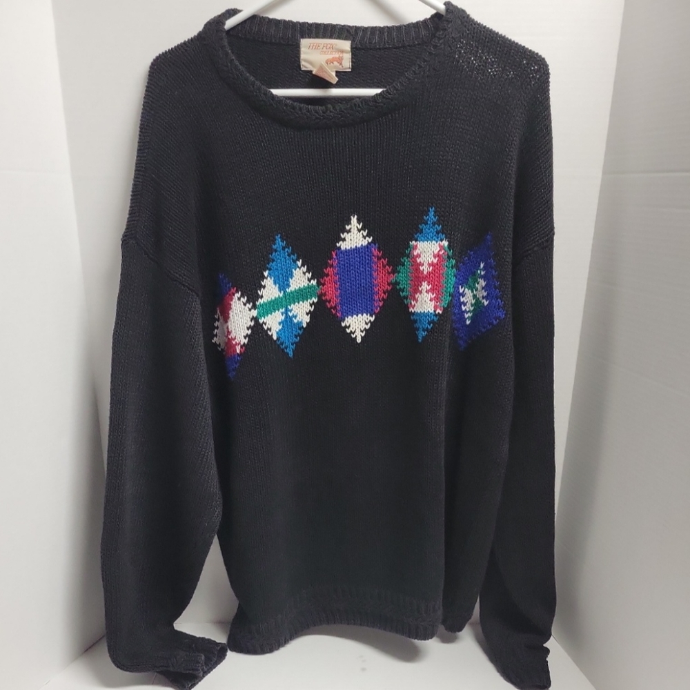The Fox Collection Men's Black Large Vintage Crewneck Cable Knit Sweater